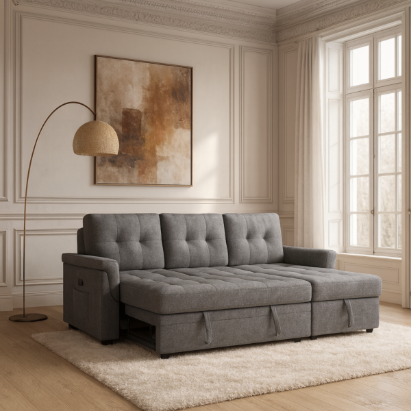 كنب سرير زاوية مع شاحن بورفال - رمادي غامق