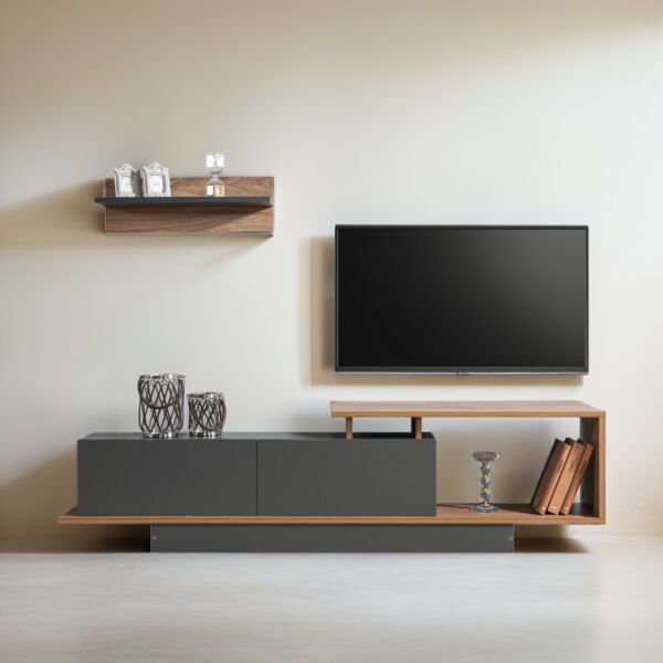 طاولة تلفزيون مع رف جداري اسوس إلم كوف - بني ورمادي غامق