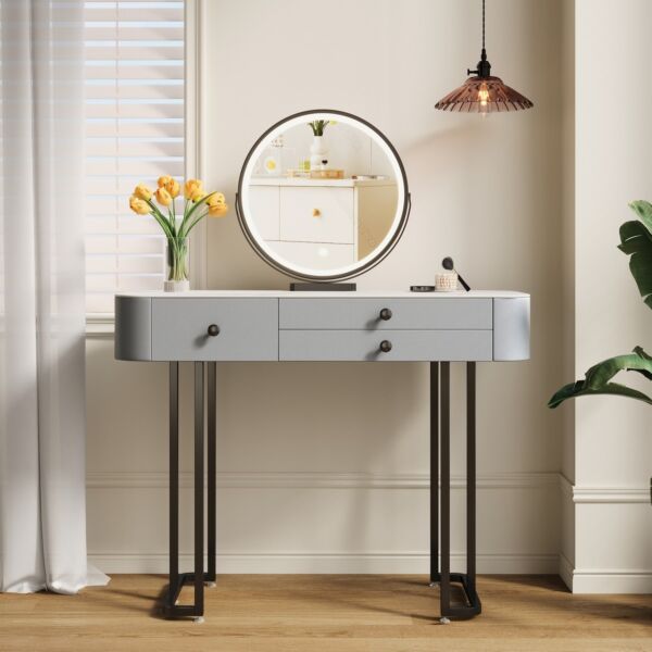 تسريحة مع مرآة مستديرة روفيل 100 سم - رمادي فاتح واسود