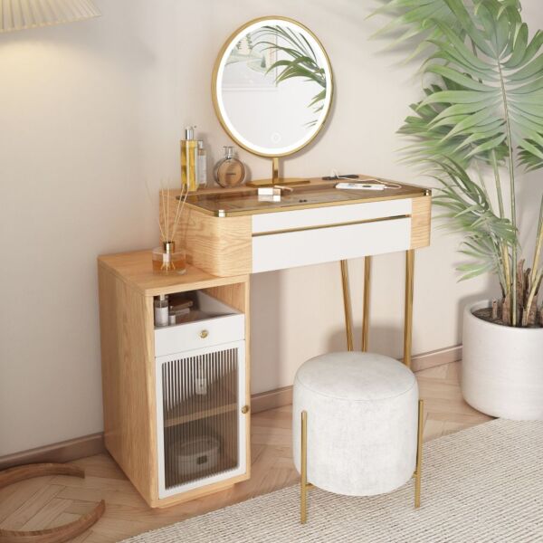 طاولة تزيين بتخزين جانبي رينايلا - بيج وابيض