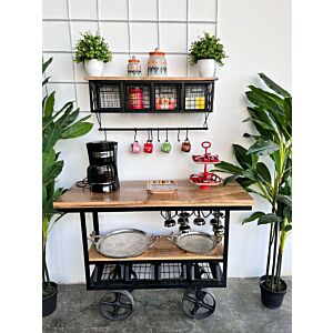 طقم ركن قهوة خشب طبيعي بأدراج معدن، لون بيج وأسود - اندستيريل 