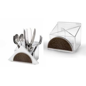 علبة أدوات مائدة مع حامل منديل اكريليك و جلد - برونزي