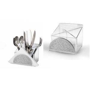علبة أدوات مائدة مع حامل منديل جلد اكريليك - فضي