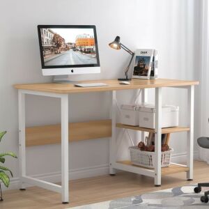 طاولة مكتب ستوني مع رفين - خشبي وأبيض