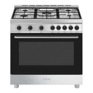 موقد سميج 90 سم فري ستاند كهربائي مع 5 شعلات غاز وخاصية التنظيف بالبخار - ستانلس ستيل