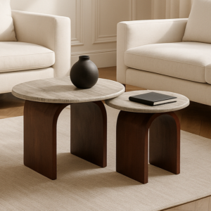 طقم طاولتين جانبية سطح رخامي بيلين - رمادي وبني