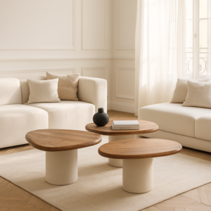 طاولة قهوة 3 قطع سطح خشبي بيكو - كريمي وبني