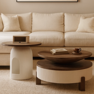 طاولة قهوة مع طاولة جانبية دائري اشل - كريمي وبني