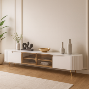 طاولة تلفزيون دورا خشبية و أرجل ستيل  - ابيض