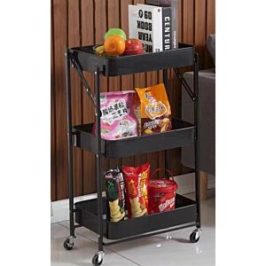 عربة تخزين حديد 3 أدوار قابلة للطي أسود