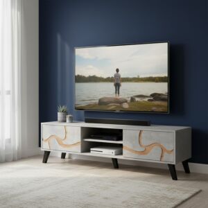 طاولة تلفزيون مستطيلة خشب ماليزي 160 سم - رمادي فاتح وخشبي