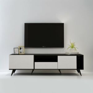طاولة تلفزيون أركا مع رفوف تخزين - لون أسود و أبيض