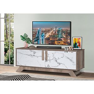 طاولة تلفزيون خشب ماليزي رمادي خشبي وأبيض رخامي