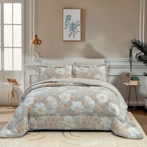 طقم لحاف منال مزدوج فرو - 6 قطع - بيج ورمادي