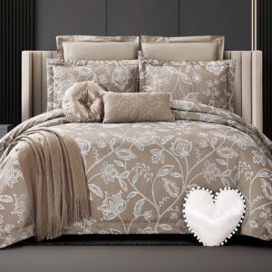 طقم لحاف أنبيلا صيفي مزدوج قطن جاكارد فاخر مطرز 10 قطع - بيج غامق