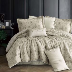 لحاف مزدوج سرور برسومات الزهور - 7 قطع - زيتي فاتح