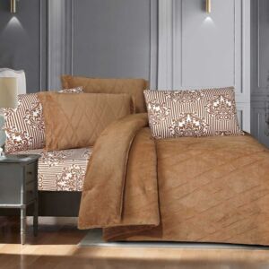 طقم لحاف توليدو شتوي مزدوج مخمل وفرو 6 قطع - بني