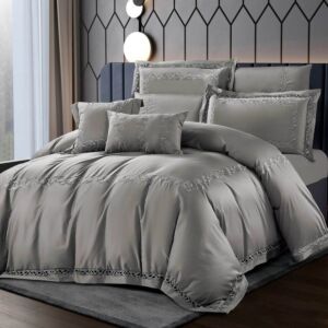طقم لحاف ميكالينا صيفي مزدوج قطن فاخر300 غرزة مطرز 10 قطع - رمادي