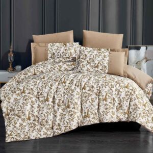 طقم لحاف فيكتوريا صيفي مزدوج من التنسل الفاخر 6 قطع - أبيض وبيج غامق
