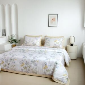 طقم لحاف مفرد ونص صيفي دينا برسومات زهور - 5 قطع - ابيض