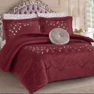 لحاف روبي كوين 200x150 سم شتوي مخمل مطرز - 4 قطع - عنابي