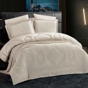 طقم لحاف صيفي قطن مفرد و نص عليا - 5 قطع - بيج