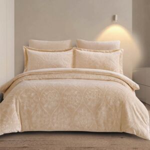 طقم لحاف بونيه شتوي مخمل محفور 200x150 سم 4 قطع - بيج