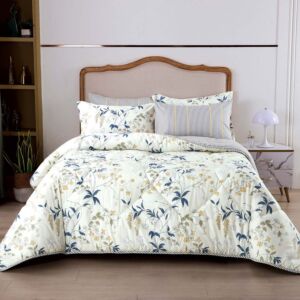 لحاف مفرد ونص سمرلاند برسومات الزهور - 4 قطع - كريمي ورمادي