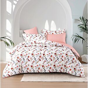 طقم لحاف ديزاير صيفي كوين 200x150 سم - أبيض ووردي - 4 قطع