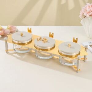 طقم تقديم مكسرات 3 قطع مع صينية من جوار - بيج وذهبي