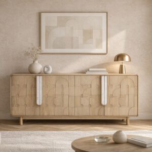 طاولة بوفيه خشب طبيعي كيترا - 4 ابواب - بيج ورمادي فاتح