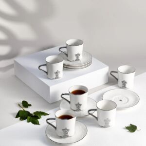 طقم اكواب شاي 12 قطعة من نقش - ابيض وفضي