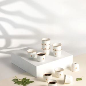 طقم فنجان قهوة سعودية 12 قطعة من نقش - ابيض وذهبي