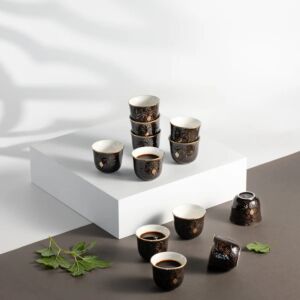 طقم فنجان قهوة سعودية 12 قطعة من نقش - اسود وذهبي