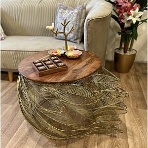 طاولة قهوة  ريشة معدنية وجهية خشب لون ذهبي مقاس صغير - اندستيريل 