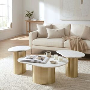 طاولة قهوة سيفا - سطح رخام طبيعي - 3 قطع - ابيض وذهبي