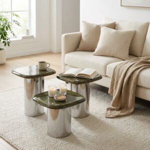 طقم طاولات جانبية رولان سطح خشب طبيعي - 3 قطع - اخضر وفضي