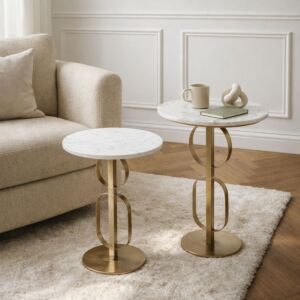طقم طاولات جانبية ساشا - سطح رخام طبيعي - ذهبي وابيض